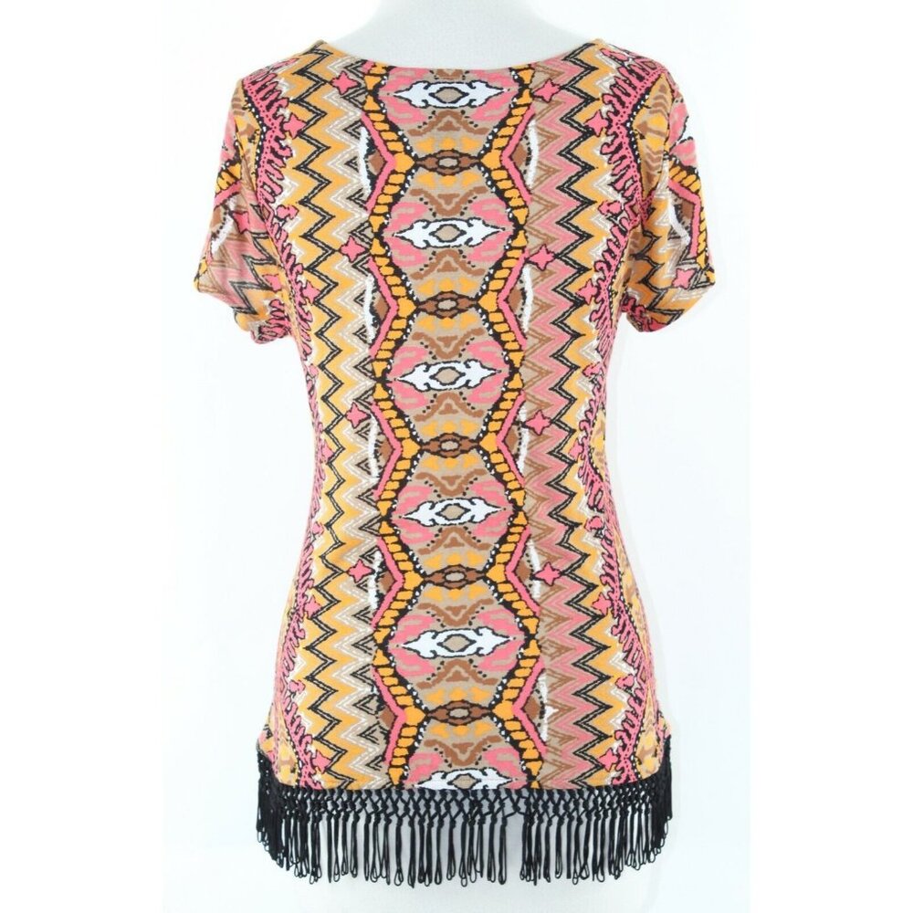 INC Sz M Coral Orange Black Multi 2.5-3" Fringe Hem 100% Rayon Top - Picture 3 of 6